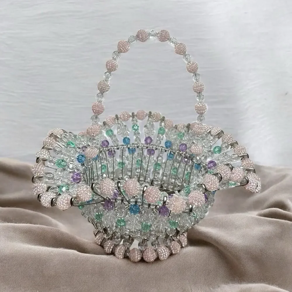 Vintage Handmade Safety Pin Ruffled Bead Basket White Purple Pink Easter 12